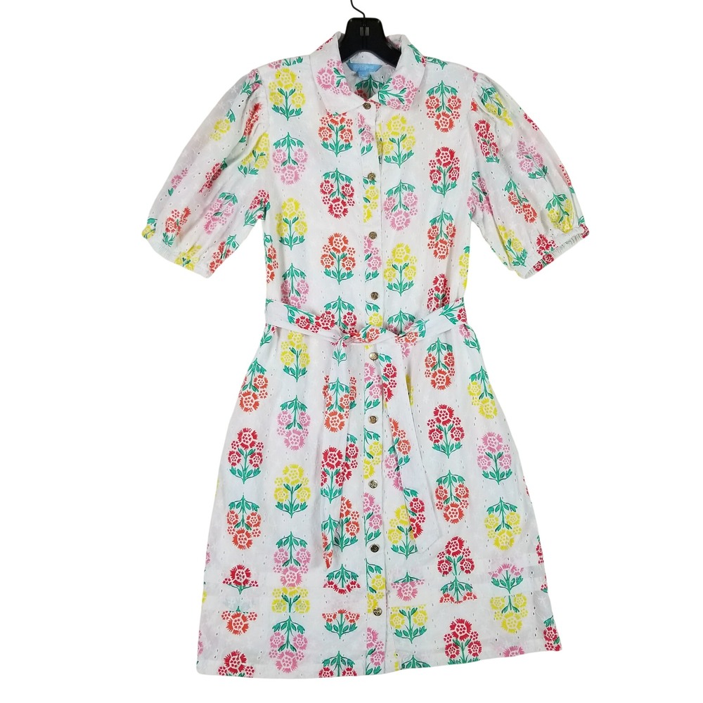 Draper James RSVP Shirt Dress Womens S White Floral Eyelet Puff Sleeve Tie Waist